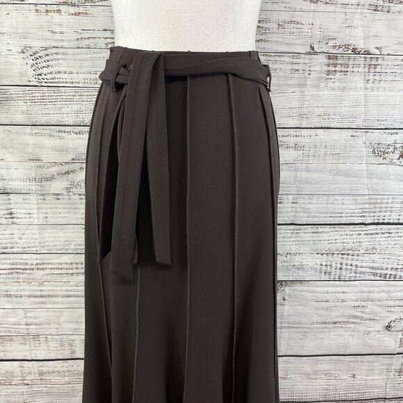 Insight Skirt size 2 Chocolate Brown Flared Midi Belt Stretch Modest Career Slim - Picture 3 of 10